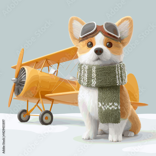 Cartoon vector illustration of a corgi wearing aviator goggles and a scarf standing in front of a vintage biplane with pastel sky background