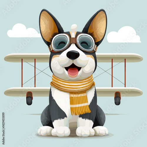 Cartoon vector illustration of a corgi wearing aviator goggles and a scarf standing in front of a vintage biplane with pastel sky background