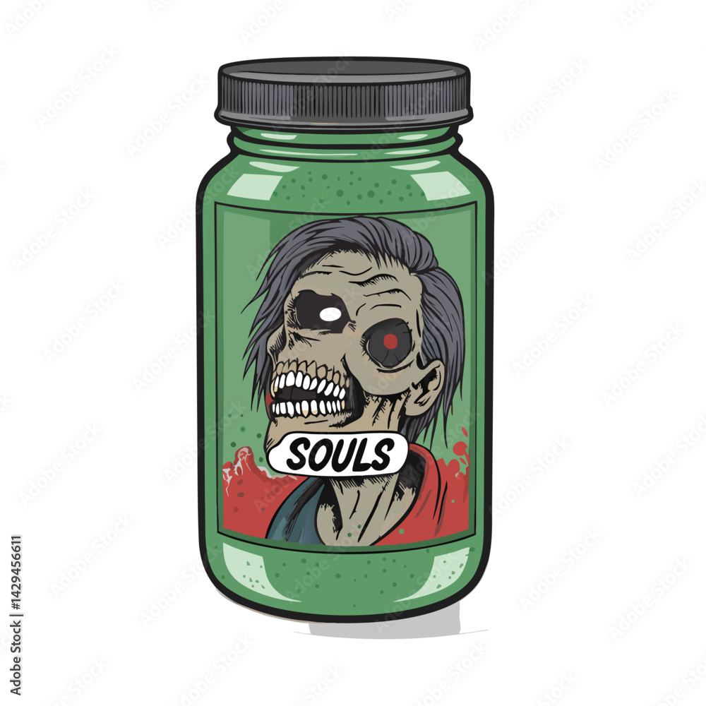 A gruesome, detailed rendering of a zombie head preserved in a jar labeled A gruesome, detailed rendering of a zombie head preserved in a jar labeled