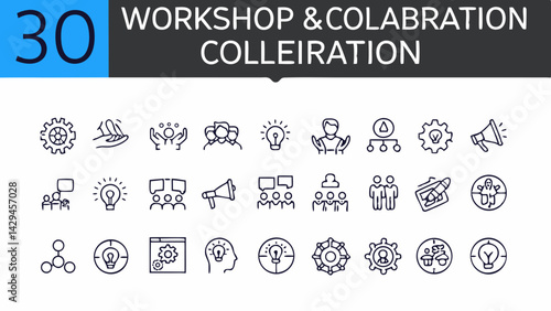 Collection of outline icons representing workshop collaboration and brainstorming ideas for business projects created with generated ai