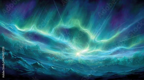 Dramatic digital painting of aurora borealis over mountains, celestial wonder concept. Perfect for fantasy art, nature backgrounds, and spiritual themes. in flat design style