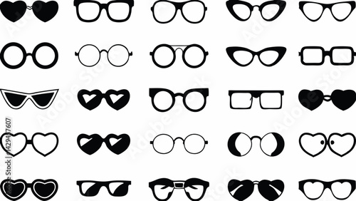 Collection of twenty one different styles of glasses and sunglasses in black and white vector format created with generated ai