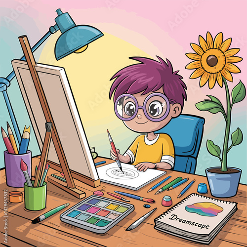 a boy drawing on a table