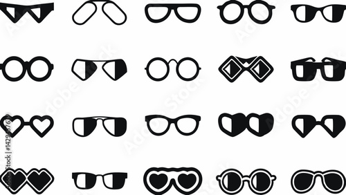 Collection of various eyeglass and sunglass shapes and styles in a black and white vector graphic image created with generated ai