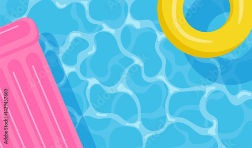 Colorful summer pool background with inflatable mattress and swimming ring. Vector illustration featuring water texture for banners, cards, flyers and social media.