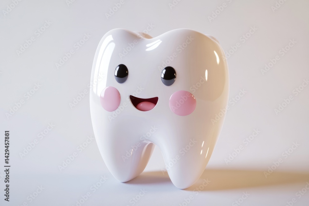 A happy cartoon tooth smiles brightly against a white backdrop, promoting dental health and hygiene. A happy cartoon tooth smiles brightly against a white backdrop, promoting dental health and hygiene.