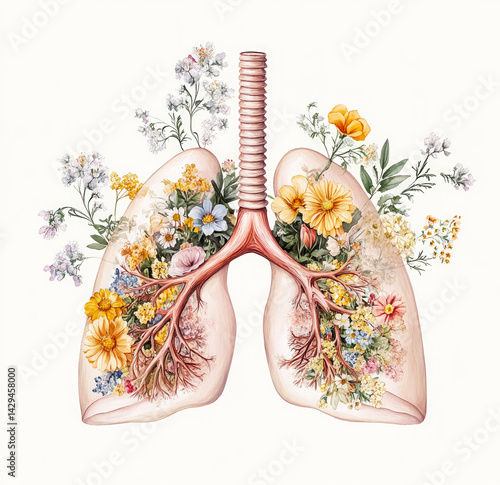 Intricate floral lungs design blending nature with anatomy in a vintage watercolor style on a delicate white background