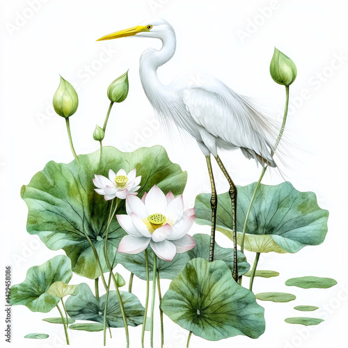Graceful white heron among blooming lotus flowers and lush green leaves in a serene watercolor illustration perfect for nature lovers