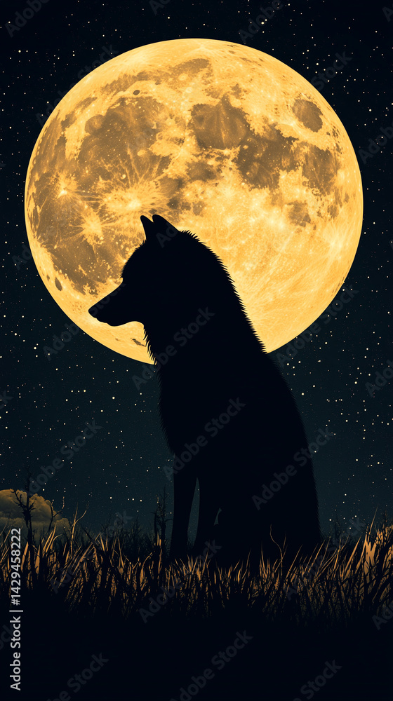 Majestic wolf silhouetted against a glowing full moon in a starry night sky symbolizes strength independence mystery and the primal connection between nature instinct and the wild unknown
