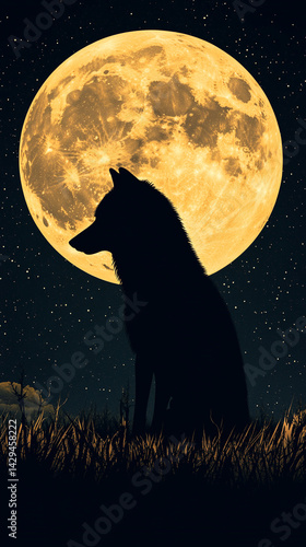 Obraz na płótnie Majestic wolf silhouetted against a glowing full moon in a starry night sky symbolizes strength independence mystery and the primal connection between nature instinct and the wild unknown
w salonie