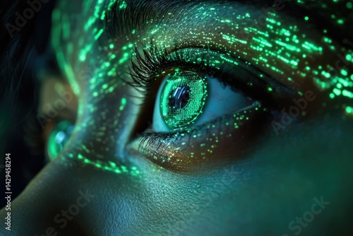 A close-up of an eye with green digital code flowing across the skin, creating a futuristic effect.