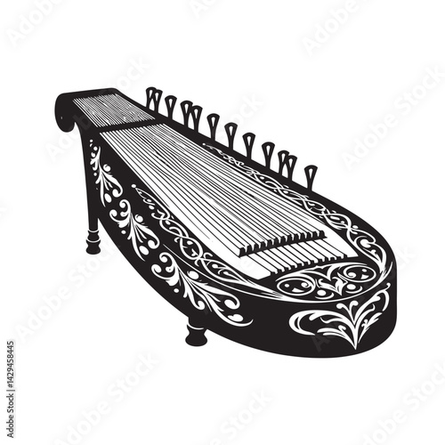 Strings of Harmony: A Beautiful Collection of Zither Vector Silhouettes Showcasing the Elegant Shape, Rich Sound, and Cultural Significance of This Timeless String Instrument.