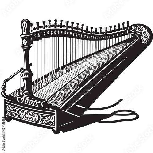 Strings of Harmony: A Beautiful Collection of Zither Vector Silhouettes Showcasing the Elegant Shape, Rich Sound, and Cultural Significance of This Timeless String Instrument.