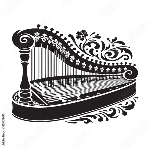 Strings of Harmony: A Beautiful Collection of Zither Vector Silhouettes Showcasing the Elegant Shape, Rich Sound, and Cultural Significance of This Timeless String Instrument.
