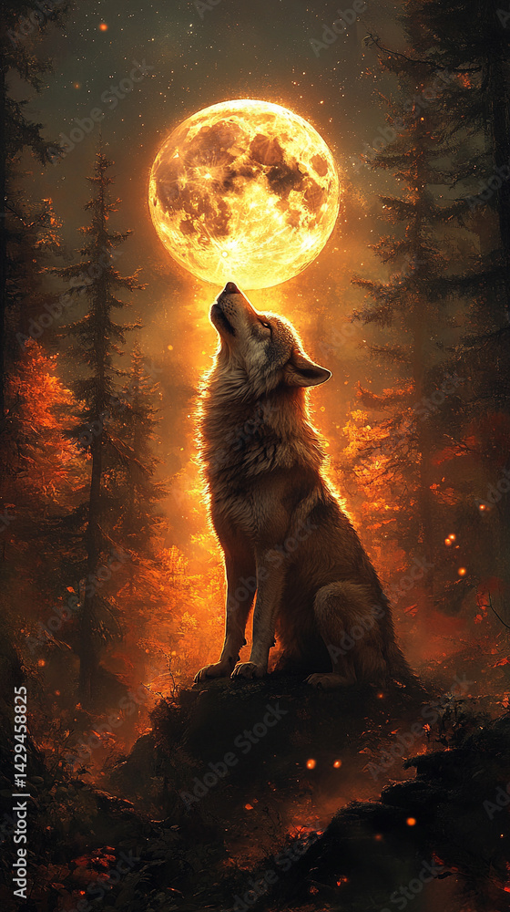 Majestic wolf silhouetted against a glowing full moon in a starry night sky symbolizes strength independence mystery and the primal connection between nature instinct and the wild unknown