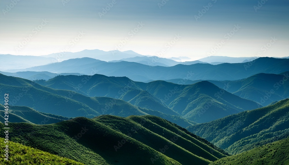 Fototapeta premium hazy emerald green mountain range rolling hills layered topography calm serene minimalist