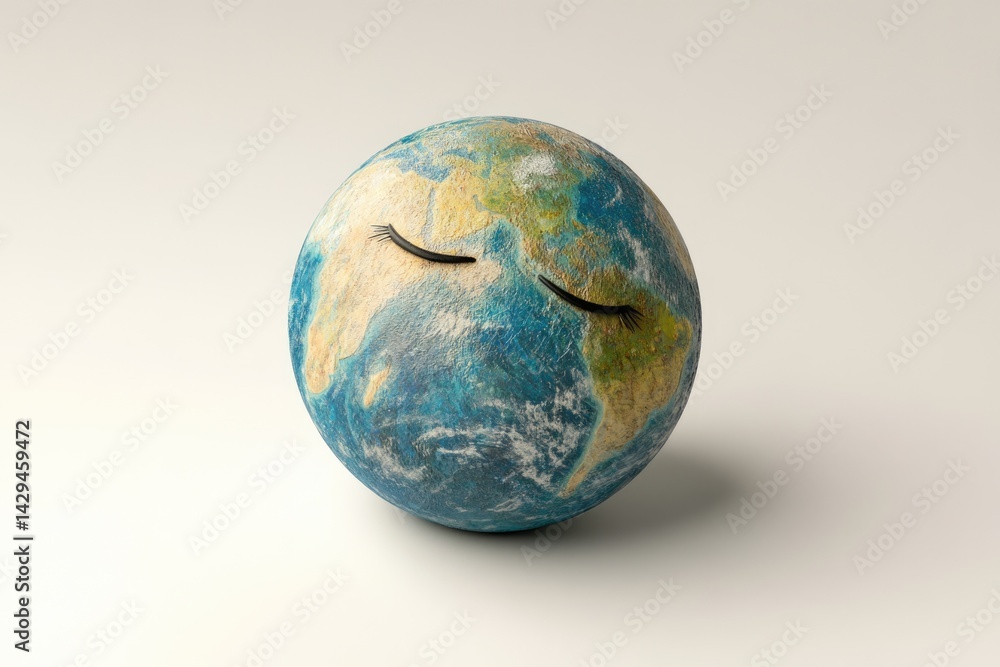 Fototapeta premium A weary Earth globe with painted-on eyelashes, closed in sleep, symbolizing environmental fatigue.