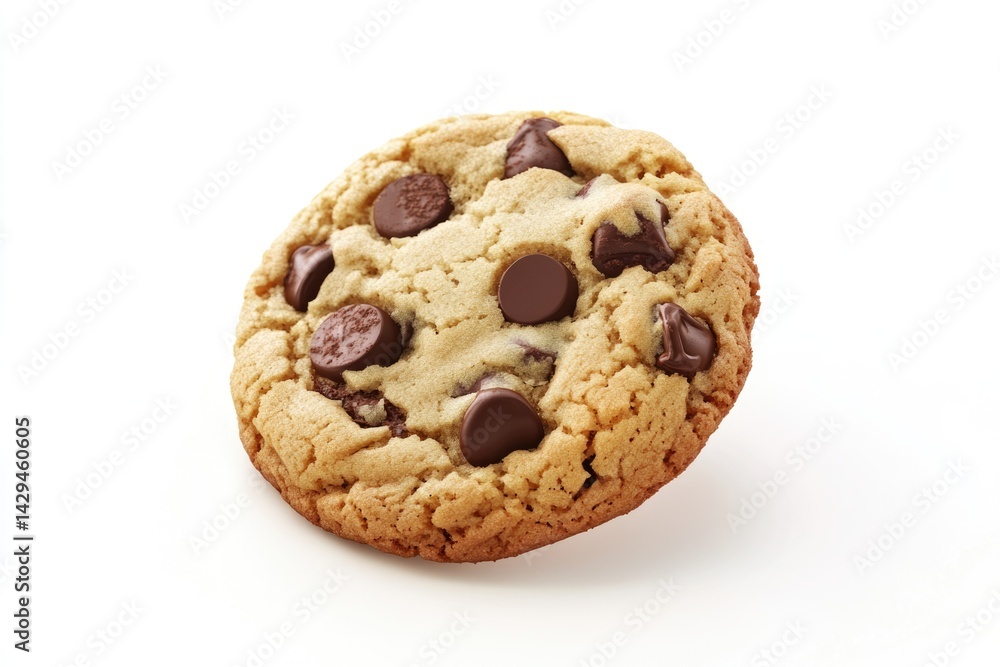 A single, delicious chocolate chip cookie, golden brown and studded with chocolate chips. A single, delicious chocolate chip cookie, golden brown and studded with chocolate chips.