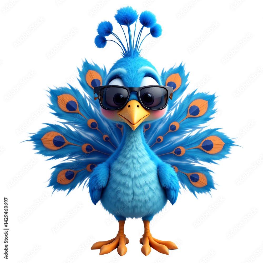 Naklejka premium Cool peacock with sunglasses, white isolate background