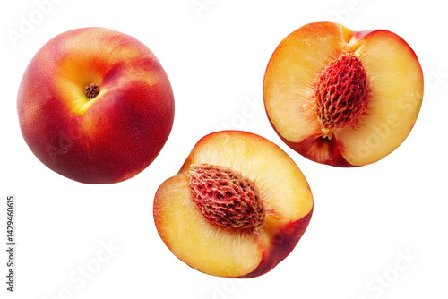 Fresh ripe peach whole half and slice isolated on white background top view