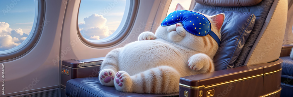 cute cartoon cat sleeps with sleep mask on plane