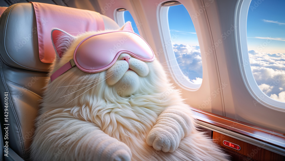 cute cartoon cat sleeps with sleep mask on plane