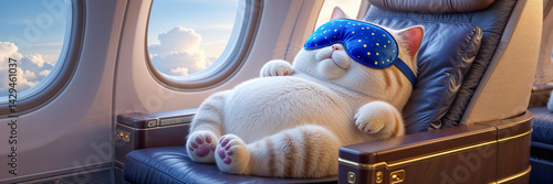 Obraz na płótnie cute cartoon cat sleeps with sleep mask on plane w salonie