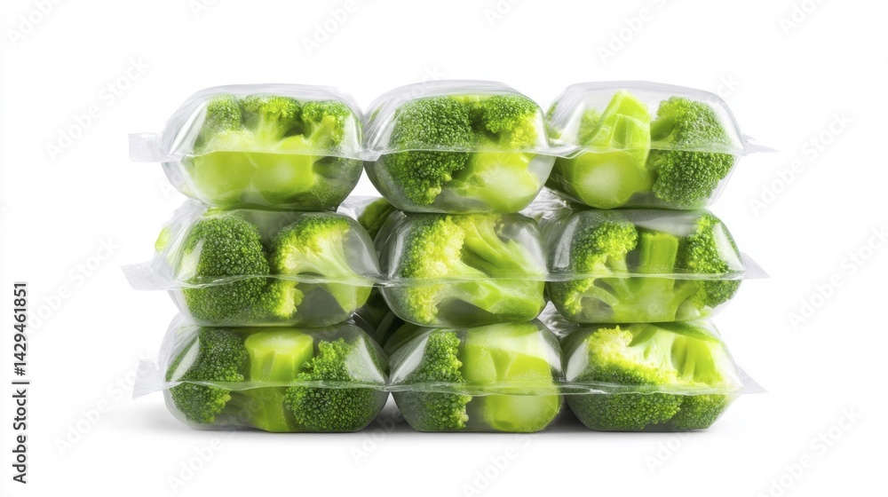 Frozen broccoli in transparent packaging isolated on white background. Generative AI Frozen broccoli in transparent packaging isolated on white background. Generative AI