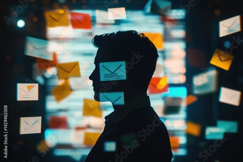 Silhouette of a person overwhelmed by numerous emails, symbolizing email overload and digital communication stress.