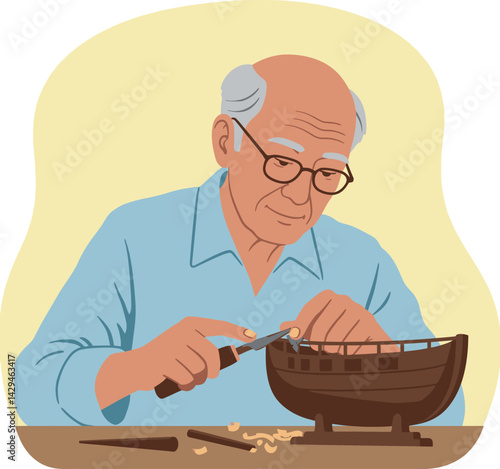 Elderly man carving wooden boat model with tools in workshop vector illustration 
