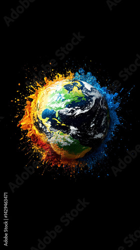 Obraz na płótnie Planet Earth painted in vivid color splash against a black background symbolizes global unity creativity environmental awareness and the vibrant diversity of cultures and ecosystems across the world
w salonie
