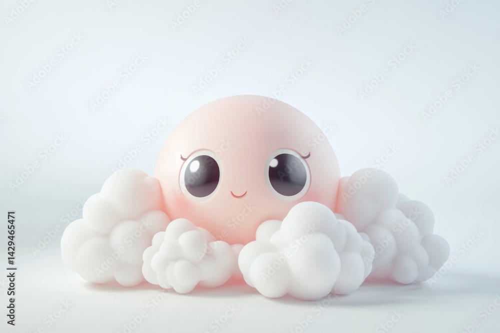 A cute, smiling pink character nestled amongst fluffy white clouds. A cute, smiling pink character nestled amongst fluffy white clouds.
