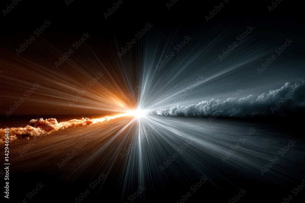 Vivid contrast between light and dark with dynamic rays emanating in a surreal landscape at twilight Vivid contrast between light and dark with dynamic rays emanating in a surreal landscape at twilight