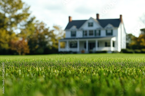 Lush green grass in the foreground, with a blurred white house and autumn trees in the background.