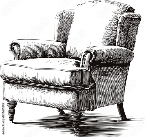 Illustration of a vintage armchair in black and white sketch style, elegant seating. Vector illustration