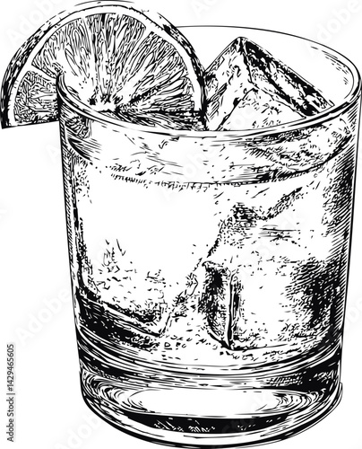 Black and white illustration of a cocktail glass with lemon and ice cubes in sketch style. Vector illustration