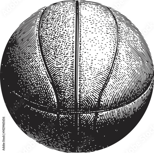 Detailed black and white vintage basketball illustration with intricate lines. Vector illustration