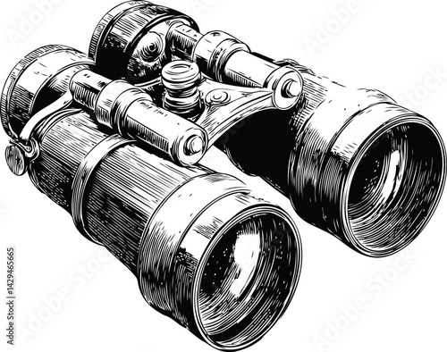 Detailed black and white illustration of vintage binoculars drawing in sketch style. Vector illustration
