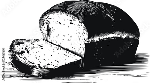 Sliced loaf of fresh bread in black and white sketch style illustration. Vector illustration