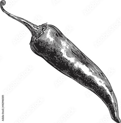 Vintage black and white illustration of a chili pepper with detailed lines in sketch style. Vector illustration