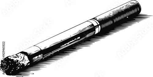 Detailed black and white illustration of a burning cigarette in sketch style. Vector illustration