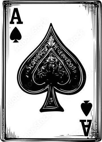 Ace of spades playing card with intricate black design in sketch style. Vector illustration