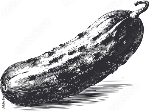 Vintage illustration of a detailed cucumber in black and white, engraving style. Vector illustration