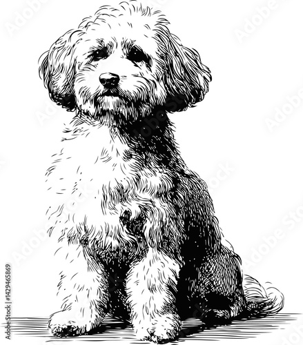 Detailed black and white illustration of a fluffy dog sitting attentively in sketch style. Vector illustration