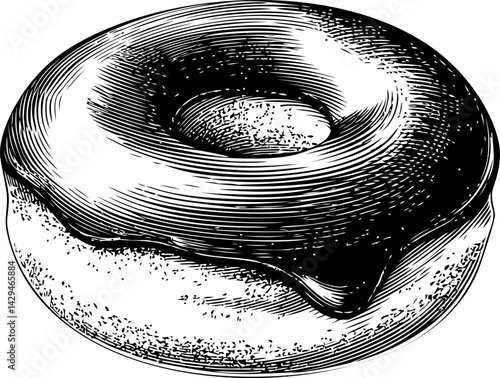 Detailed black and white illustration of a donut with chocolate glaze in sketch style. Vector illustration