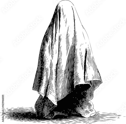 Ghostly figure covered in white sheet sketched on a blank background. Vector illustration