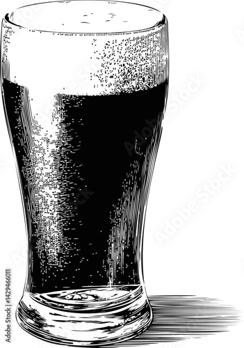 Black and white illustration of a tall beer glass with texture details in sketch style. Vector illustration