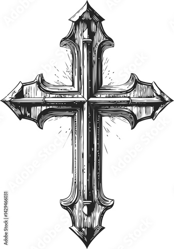 Intricate black and white gothic cross illustration with fine details in sketch style. Vector illustration