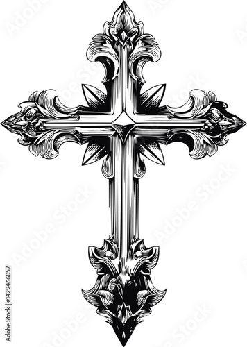 Intricate black and white ornamental cross design illustration in sketch style. Vector illustration