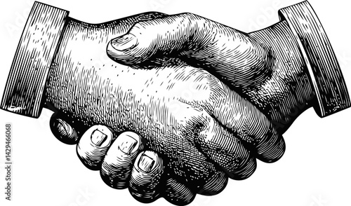 Vintage sketch of two hands shaking symbolizing agreement and partnership. Vector illustration